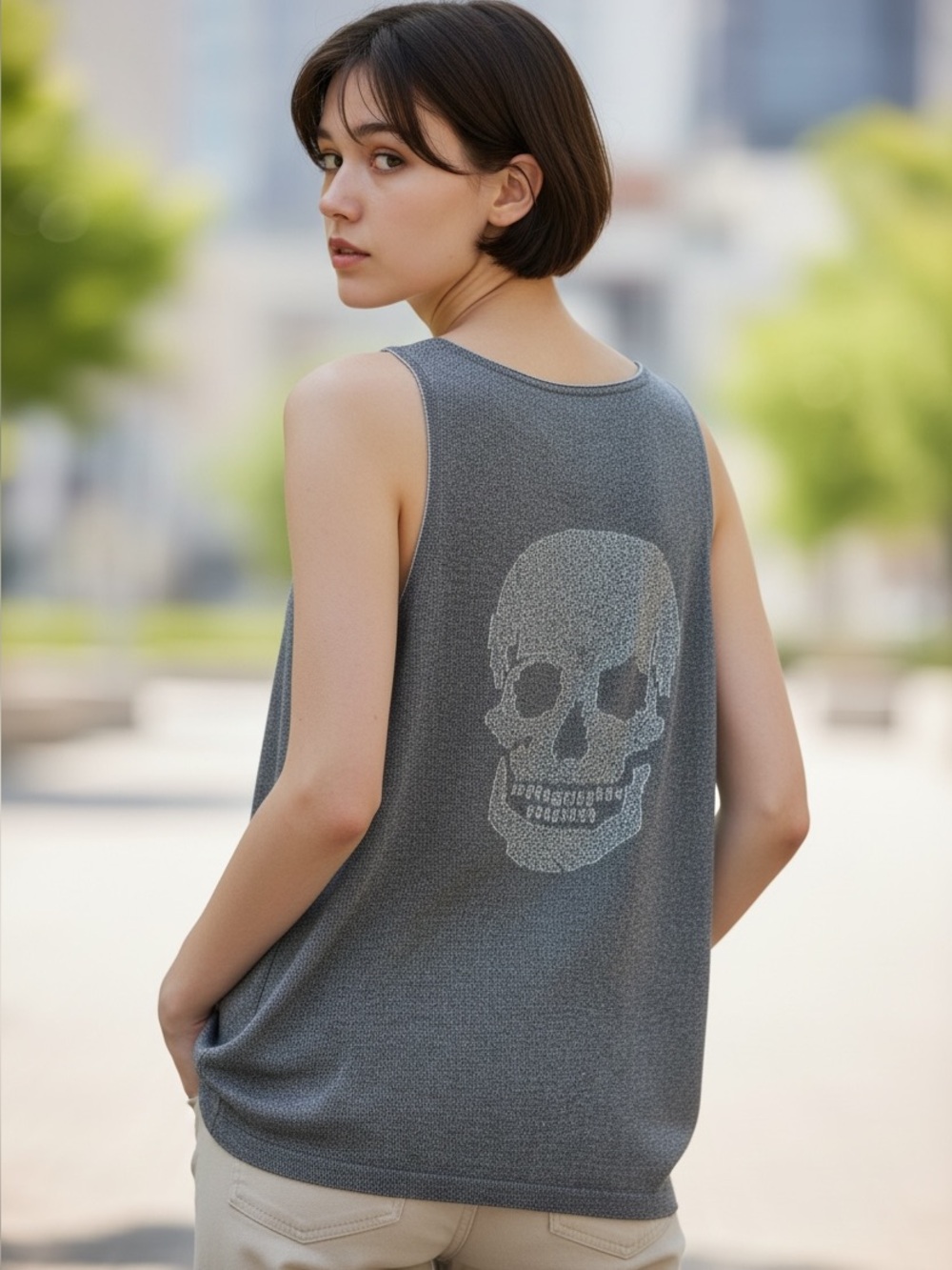 Skull Cashmere Gray Sleeveless Cotton Rayon White Skull Accent on back size XS